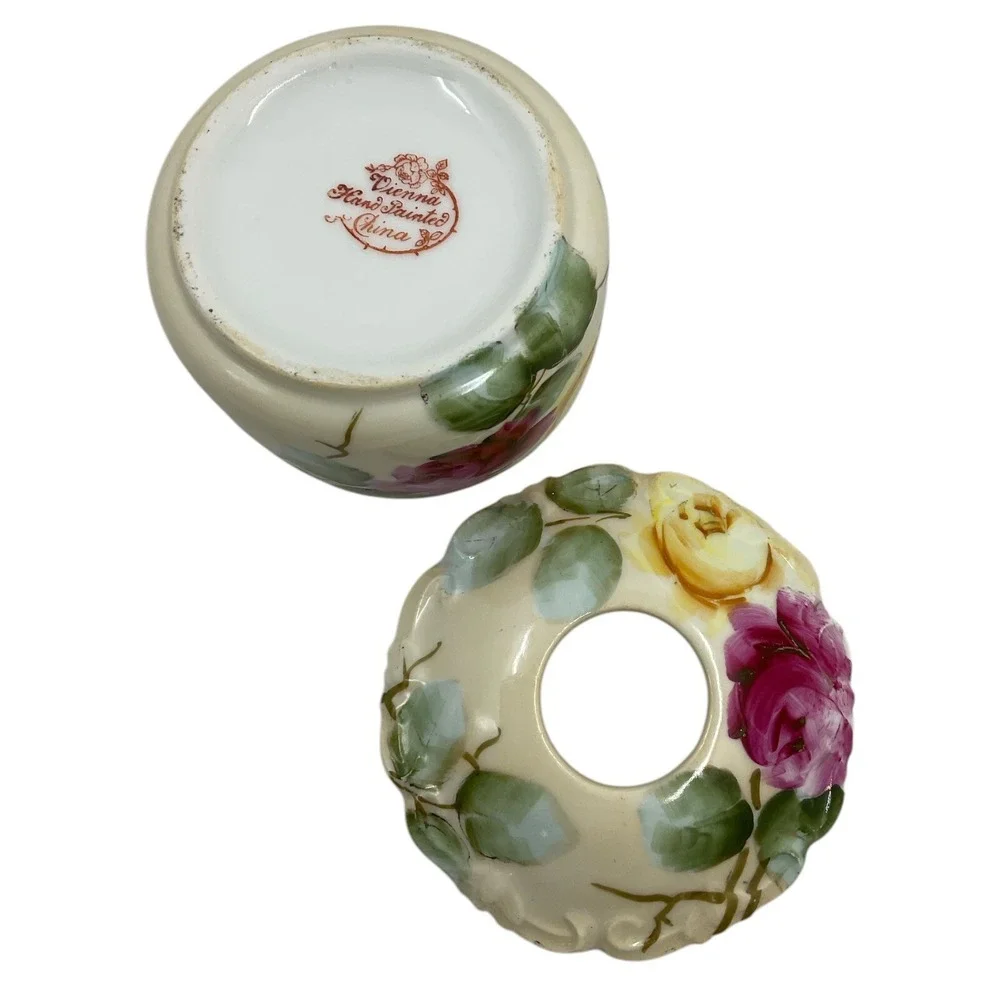 Vintage Vienna Hand Painted‎ Hair Receiver Porcelain Pale Yellow Base Pink Roses